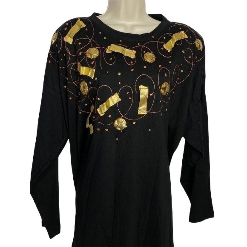 4/$25 Cesucci Vintage‎ Hand Painted Wearable Art Funky Black Shirt Women's 3X
